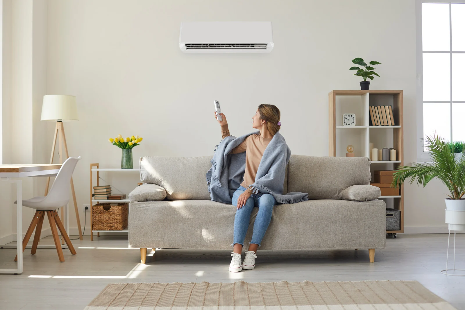 A women turning on AC ,tips of Ac installation Surrey
